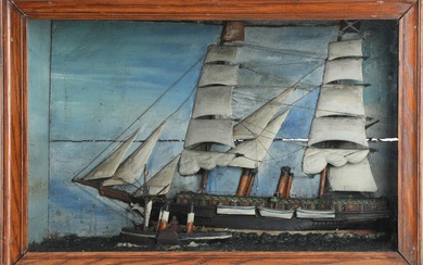 An early 20th century painted wood diorama with two ship's models. H....