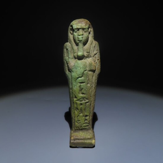 Ancient Egyptian Faience Big size Shabti with text. Late Period, 664 - 323 BC. 10 cm H.
