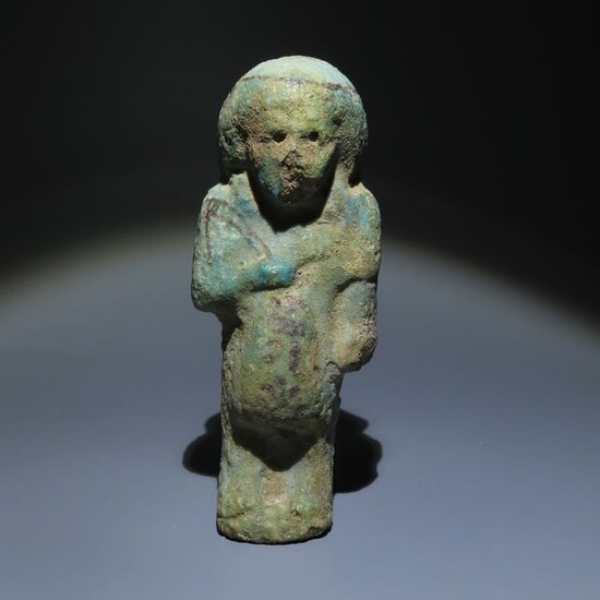 Ancient Egyptian Faience Overseer Shabti with inscription in black. Third Intermediate Period. 10,5 cm H.
