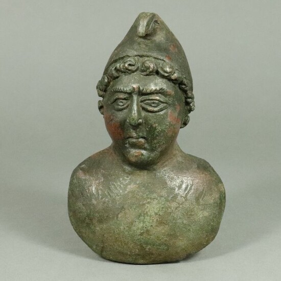Ancient Roman Bronze Bust of a young man in Phrygian cap, decoration of chariot - 129×84×69 mm - (1)