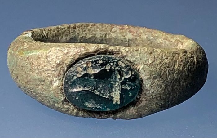 Ancient Roman Bronze Ring with a Turquoise Intaglio with an image of Cornucopia- the Horn of Plenty-Symbol of Prosperity - .×.×. cm