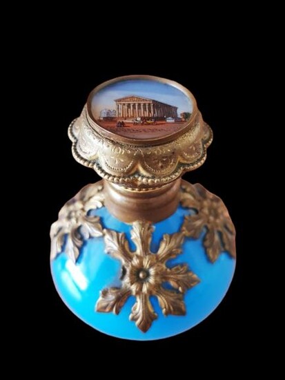 Antique Blue French Opaline Glass Perfume Bottle | Grand Tour Souvenir | France, 19th Century. (1) - Brass, Opaline Glass