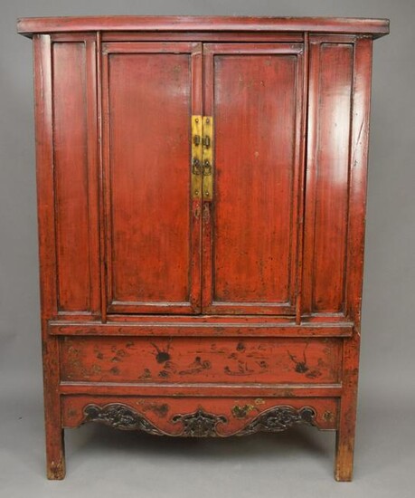 Antique Chinese Red Lacquered 2 Door Cabinet, 52"W x