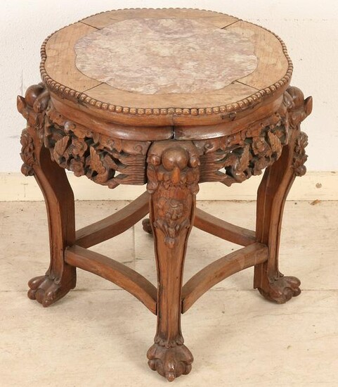 Antique Chinese wood carved hocker with floral decor