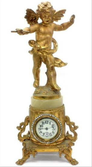 Antique French Metal & Onyx Miniature Cupid Clock