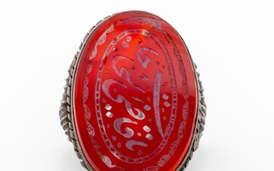 Antique Silver Aqeeq Carved Agate Ring