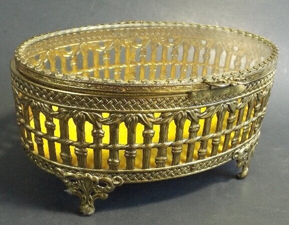 Antique Victorian Trinket Jewelry Brass Box glass lid