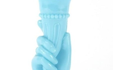 Antique blue opaline glass vase in the form of a hand