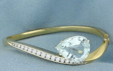 Aquamarine and Diamond Hinged Bangle Bracelet in 18k Yellow Gold