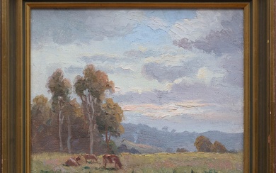 Artist Unknown , country side scene with cows and trees, oil, 25 x 30cm frame size 32 x 38cm