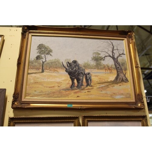 B. McMullen "Rhinoserous and Calf" Oil in Gilt Frame (65cm x...
