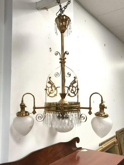 BRASS 4 LIGHT CHANDELIER, FROSTED GLASS GLOBES