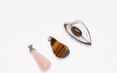 BROOCH and PENDANT, 3 parts, silver with tiger's eye and rose quartz.