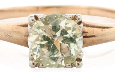 BUDLONG, DOCHERTY AND ARMSTRONG 10K YELLOW GOLD AND GREEN DIAMOND SOLITAIRE RING, CIRCA 1950s