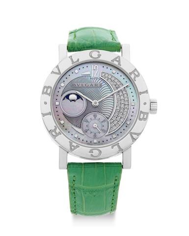 BVLGARI | BVLGARI BVLGARI, A Lady's STAINLESS STEEL WRISTWATCH WITH DIAMOND-SET, MOTHER-OF-PEARL DIAL and Moon Phases, CIRCA 2009