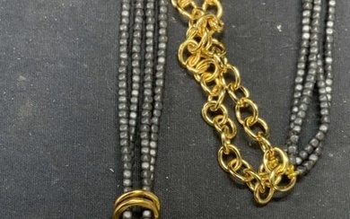 Black Beaded Gold Tone Pendant Necklace