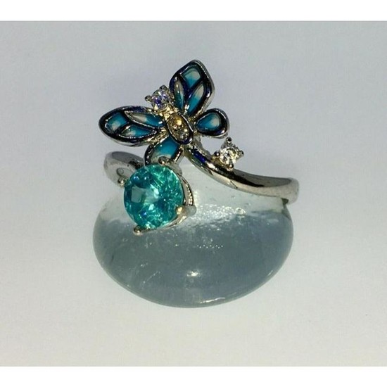 Blue Apatite, Enamel & Sterling Silver Butterfly Ring