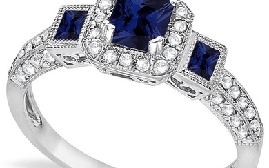 Blue Sapphire and Diamond Engagement Ring 14k White Gold 2.45ctw