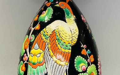 Boch Frères, Keramis, Keramis Boch - Charles Catteau - Vase - Rare ovoid vase with flat neck decor!! Peacock!! - Creamware