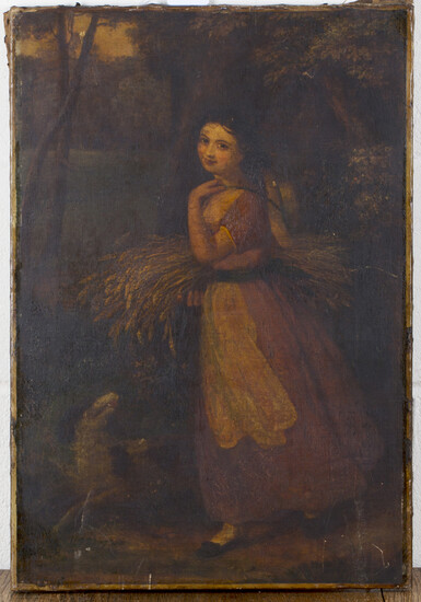 British School - Woman carrying a Sheaf of Corn with a Dog at her Side, 19th century oil on canvas