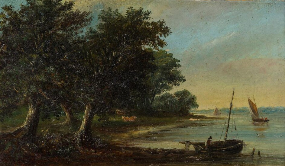 British School, early-mid 19th century- Wooded river landscape with fisherman and boats; oil on panel, 10.6 x 18 cm. Provenance: Private Collection, UK.