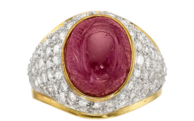 Burma Ruby, Diamond, Gold, Silver Ring Stones: Carved ruby...