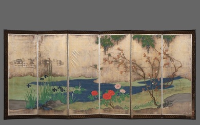 Byōbu folding screen - Silver leaf, Lacquered wood, Silk - Japan - First half 19th century (Late Edo period)