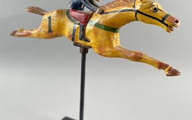 CARVED WOODEN HORSE AND JOCKEY Early 20th Century Height on stand 14.5". Length 16".