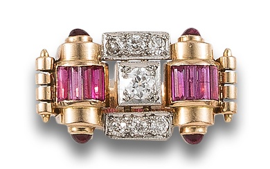 CHEVALIER RING, 1940s, WITH DIAMONDS, SYNTHETIC RUBIES, IN YELLOW GOLD AND PLATINUM