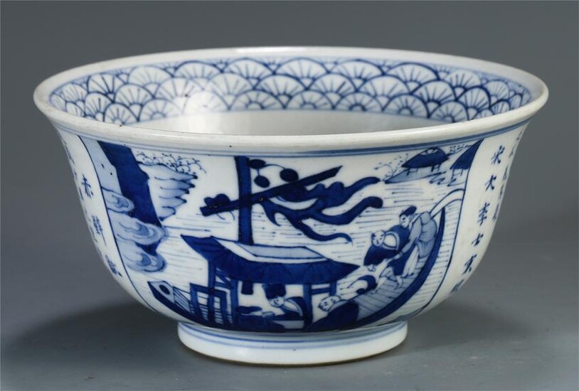 CHINESE BLUE AND WHITE PORCELAIN FIGURE POEM BOWL