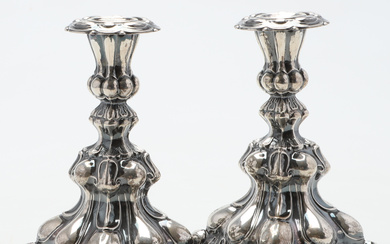 Candlesticks, a pair, silver, rococo style, import stamps.