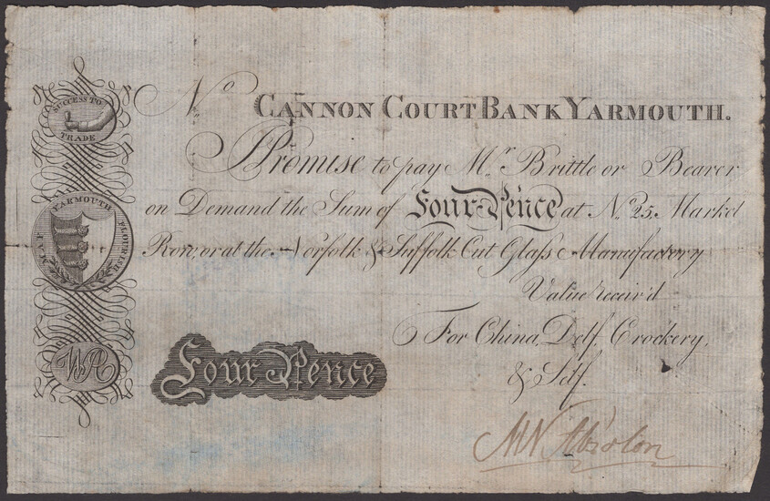 Cannon Court Bank Yarmouth, for China, Delf, Crockery & Self, 4 Pence,...