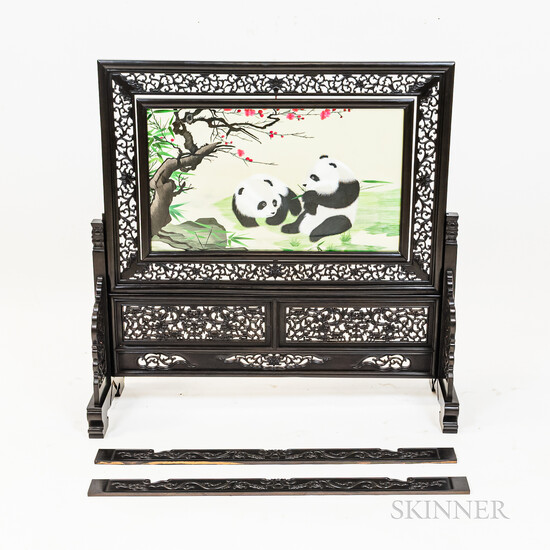 Carved Wood Table Screen with Embroidered Panel