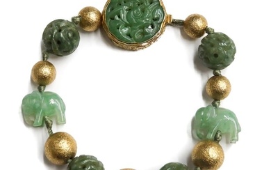 Chinese 14k Yellow Gold and Jade Beaded Bracelet