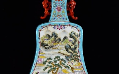 Chinese Blue Ground Famille Rose Scenery Figure Design Porcelain Vase