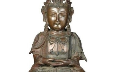Chinese Bronze Guanyin with Wood Stand, Ming Dynasty