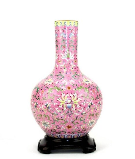 Chinese Enameled on Pink-Ground Bottle Vase