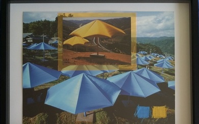 Christo & Jeanne-Claude (1935-2020) - The Umbrellas, ArtCard handsigned with fabrics.