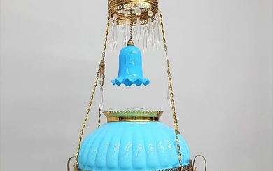 Circa 1890 Brass Hanging Lamp with Blue ribbed matching shade & font & smoke bell with working