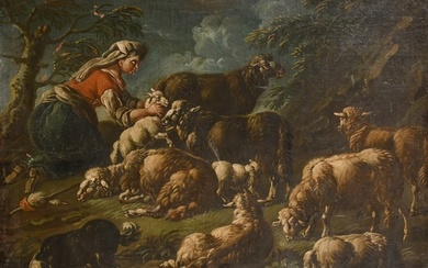 Circle of Philipp Peter Roos, a shepherdess caring for her f...