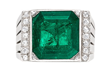 Colombian Emerald, Diamond, Platinum Ring Stones: Octagonal step-cut emerald...