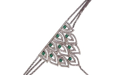 Crown Shaped Hand Chain Braclet Accented With Emerald & Diamonds