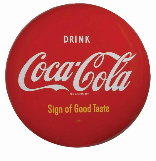 DRINK COCA-COLA PAINTED TIN BUTTON SIGN.