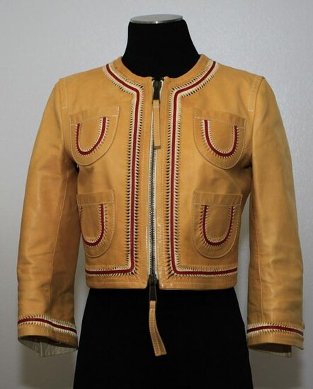 DSQUARED TRENDY BEIGE/RED LEATHER CROPPED JACKET BLAZER