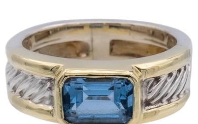 David Yurman Sterling Silver 14K Yellow Gold Bezel Set Blue Topaz Cable Ring