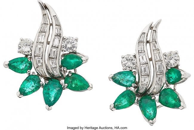 Diamond, Emerald, Platinum Earrings Stones: Ful