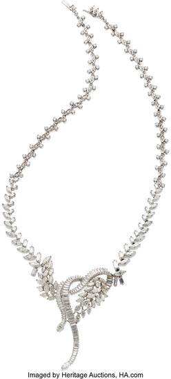 Diamond, Platinum, White Gold Necklace The necklace features marquise-shaped...