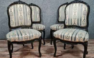 Dining chair (4) - Napoleon III - Blackened wood and beautiful silk-like fabric - Second half 19th century