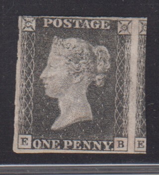 ENGLAND. SG 3. 1d. grey-black. pl. 7. Very fine unused copy with fine to huge margins all around. Only small hinge remaints at back. See photo of back also. Very scarce in this fine condition.