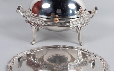 ENGLISH SILVERPLATED BREAKFAST SERVER AND A SILVERPLATED SHAPED CIRCULAR TRAY
